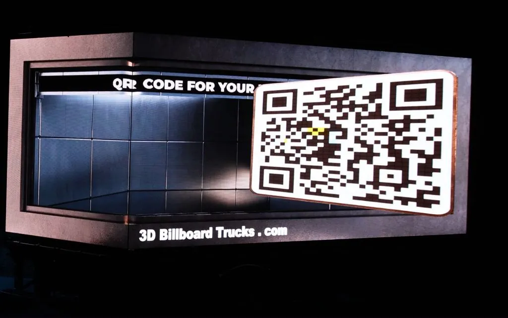 3D anamorphic QR Code video shown on the rear and right sides of a Digital LED Billboard truck