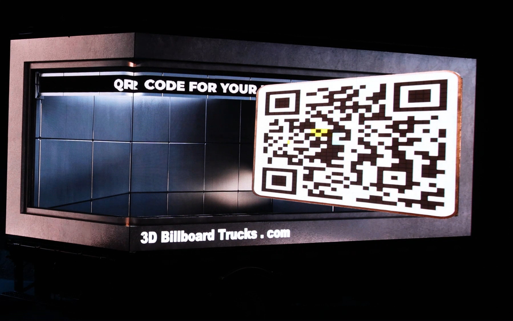 3D anamorphic QR Code video shown on the rear and right sides of a Digital LED Billboard truck